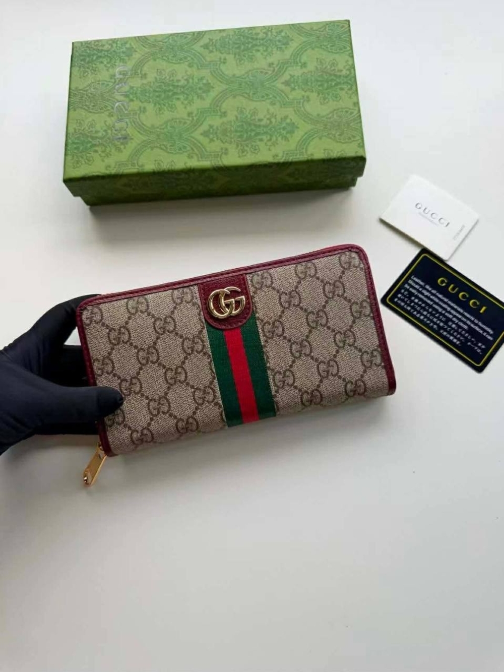 Gucci Beige Monogram Zip-Around Wallet with Red Trim and Green/Red Web Stripe